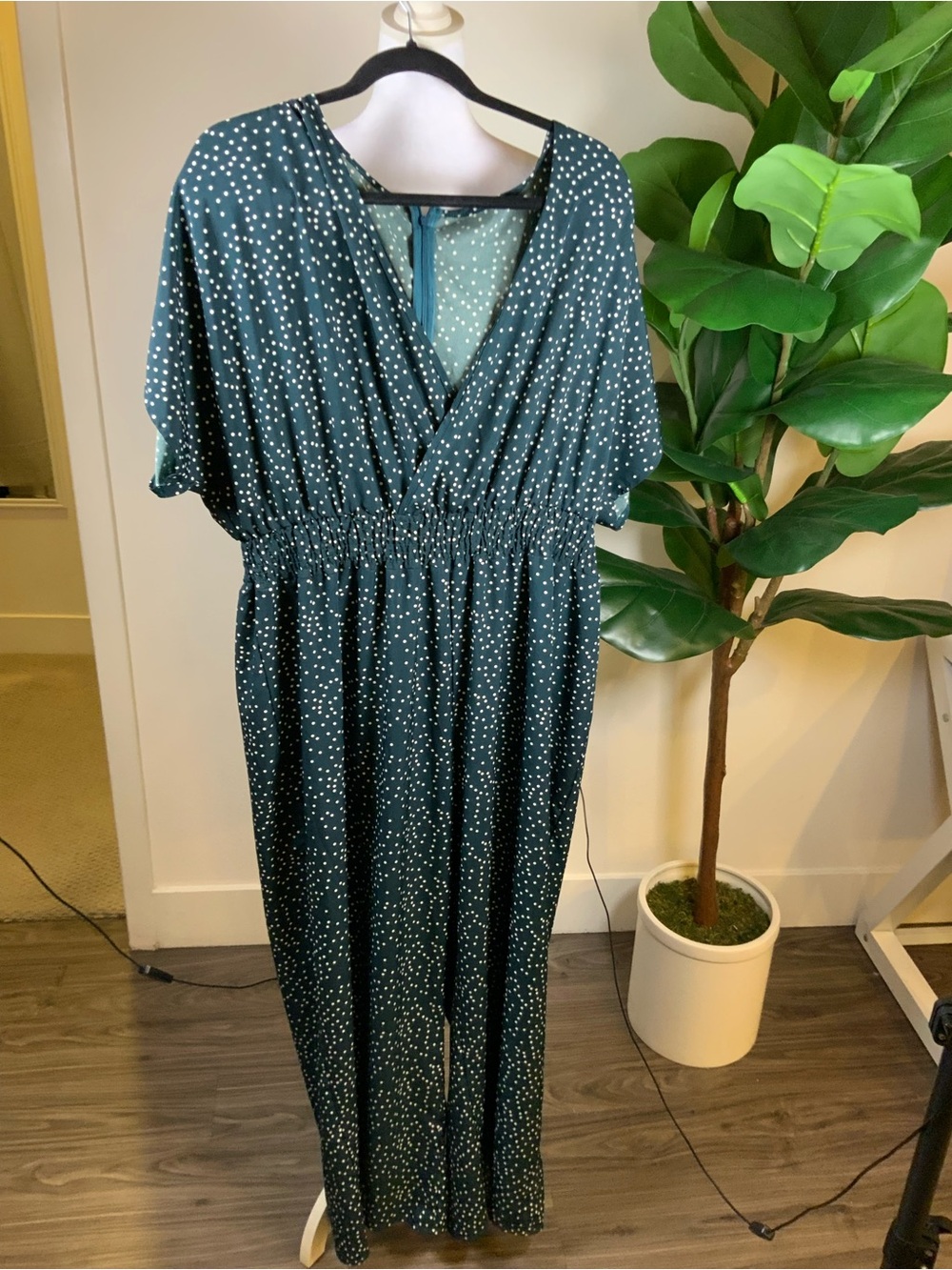 Polka Dot Deep Teal V-Neck Jumpsuit with Elastic Waist